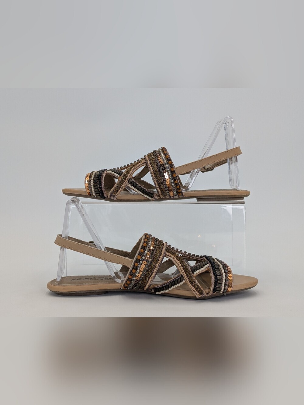 Kenneth Cole Reaction Sz 7.5M Bronze/Taupe With Beads/Sequin & Criss-Cross Strap - Picture 10 of 17